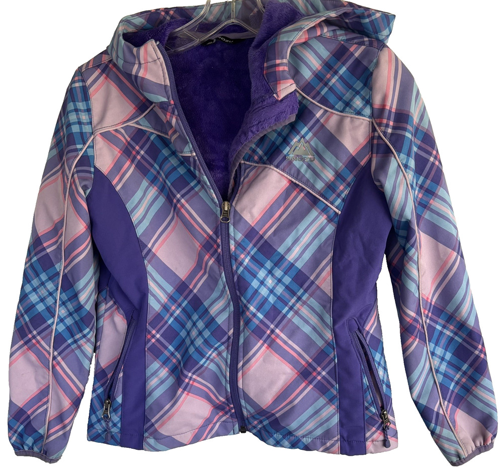 Snozu Jacket Girls Teen M 10/12 Purple Pink Plaid Fleece Lined Hood